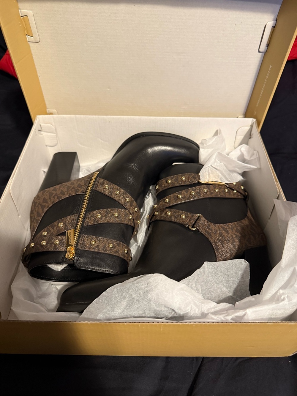 Michael Kors Black Leather and Brown Logo Studded Ankle Boots